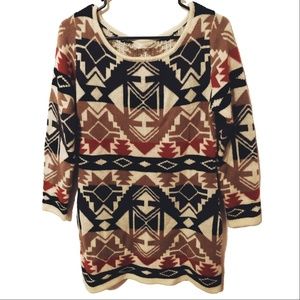 Acrylic Aztec Pattern Long Sleeve Sweater Dress